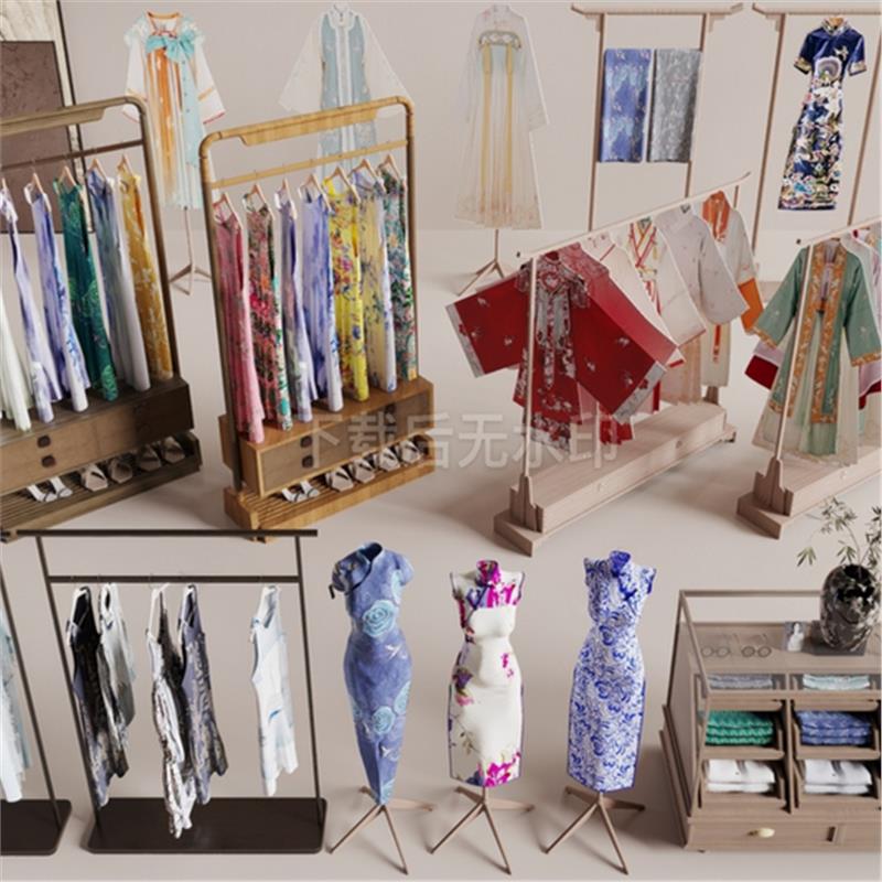 现代衣服 新中式衣服 汉服旗袍 刺绣 衣架 服装 草图大师SU模型