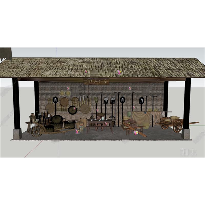 5256中式农具展示 器具展示 茅屋 农用品工具 推车竹 锄头SU模型