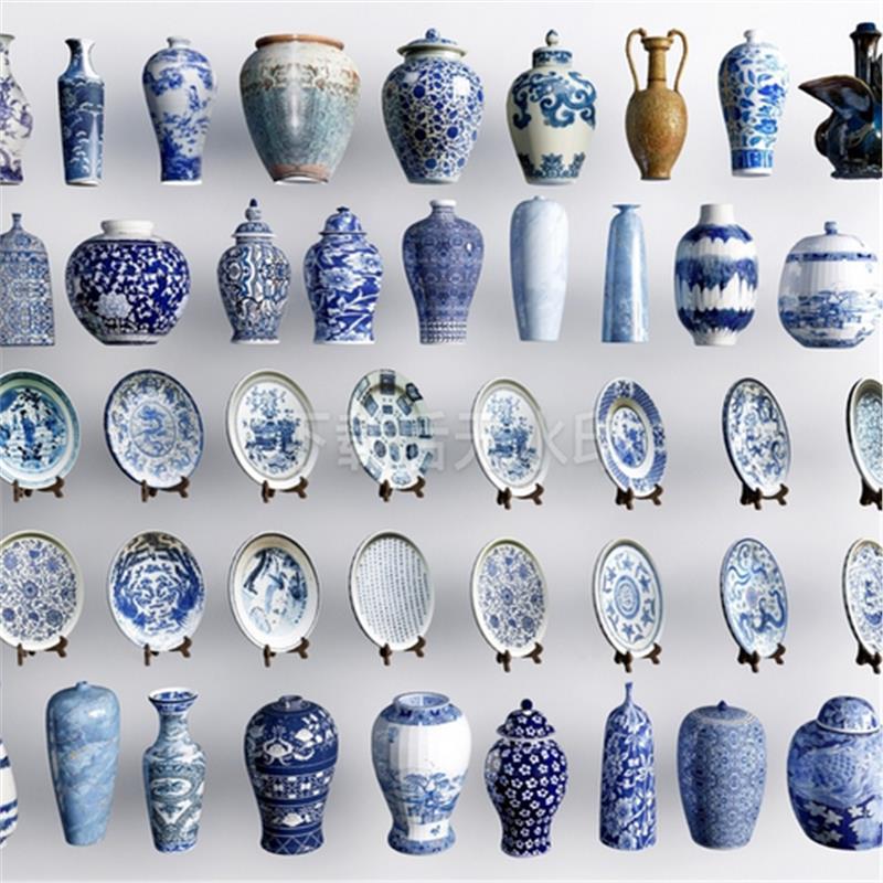 现代瓷器青花瓷 瓷瓶 花瓶陶瓷罐陶 瓷盘瓷器 草图大师SU模型
