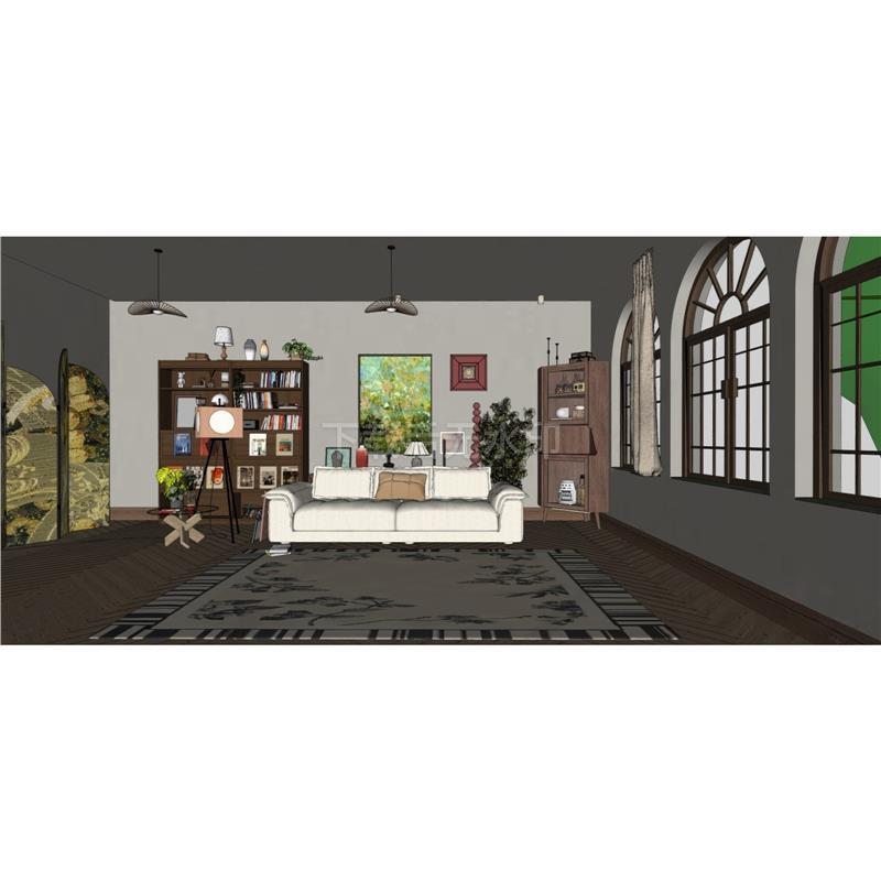 中古家居客厅 中古风客厅摆件 沙发 书柜音响 挂画草图大师SU模型