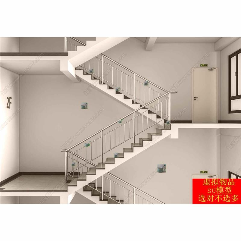 SU模型 现代楼梯不锈钢楼梯消防楼梯楼梯间扶手楼梯转角楼梯