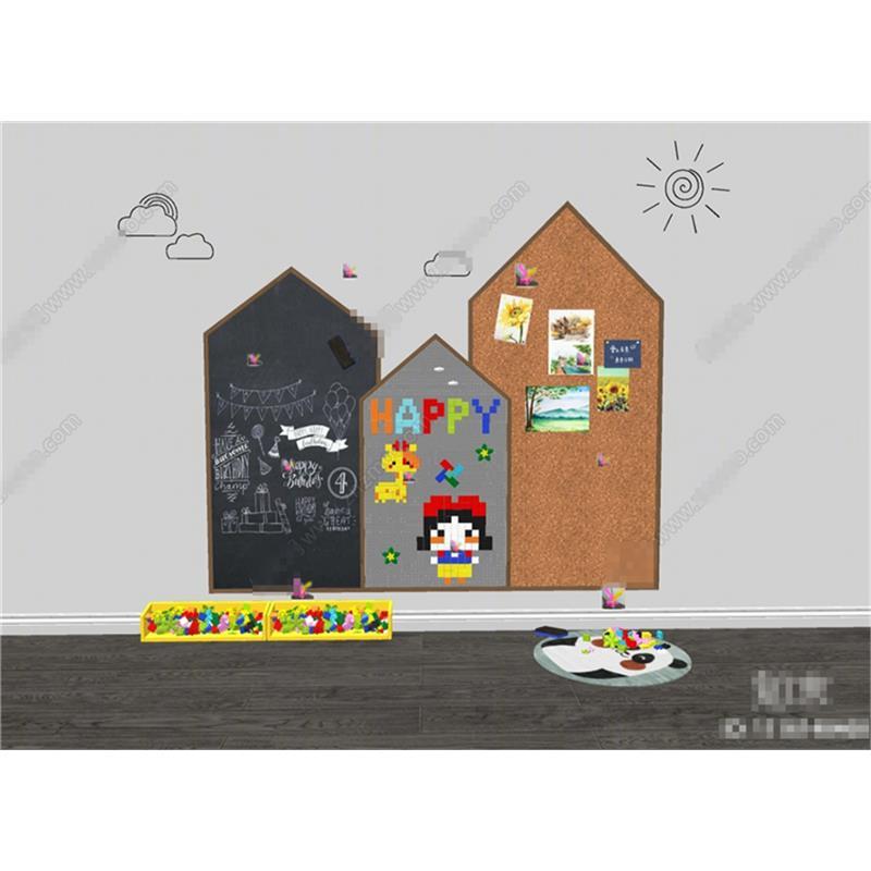 4753现代黑板积木软木板墙玩具 墙饰挂件 留言板 照片墙 SU模型
