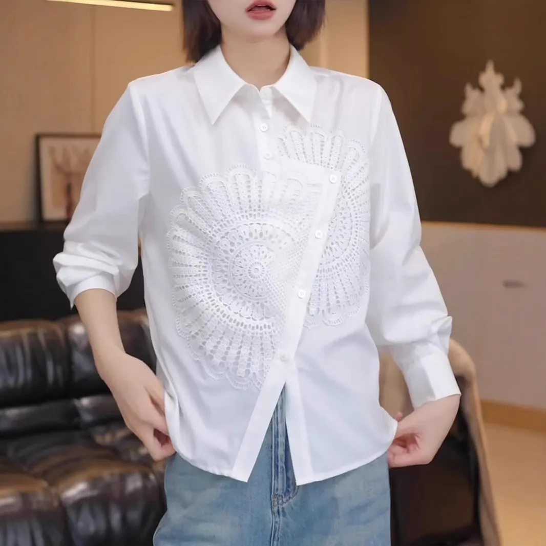 韩版时尚太阳花白衬衫女长袖2025春秋装刺绣上衣纯棉绣花女式衬衣