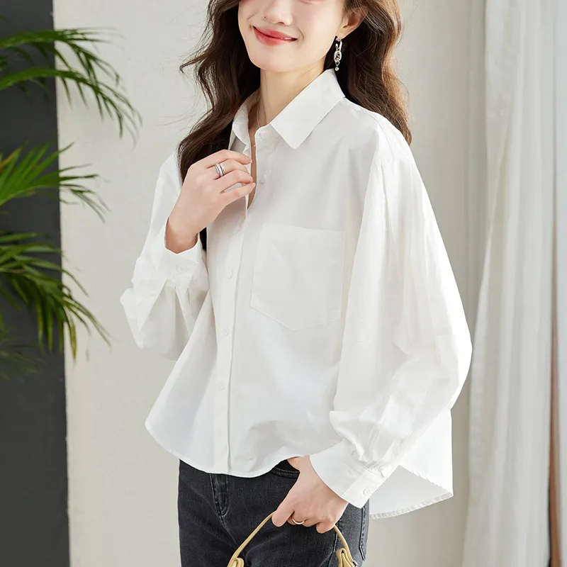 直销新款纯棉衬衫女气质通勤别致灯笼袖韩版衬衫女翻领修身上衣女