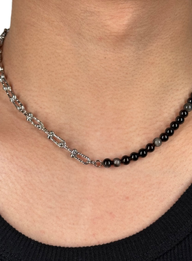 黑色虎眼石串珠项链男复古小众设计感U型马蹄扣拼接配饰原创