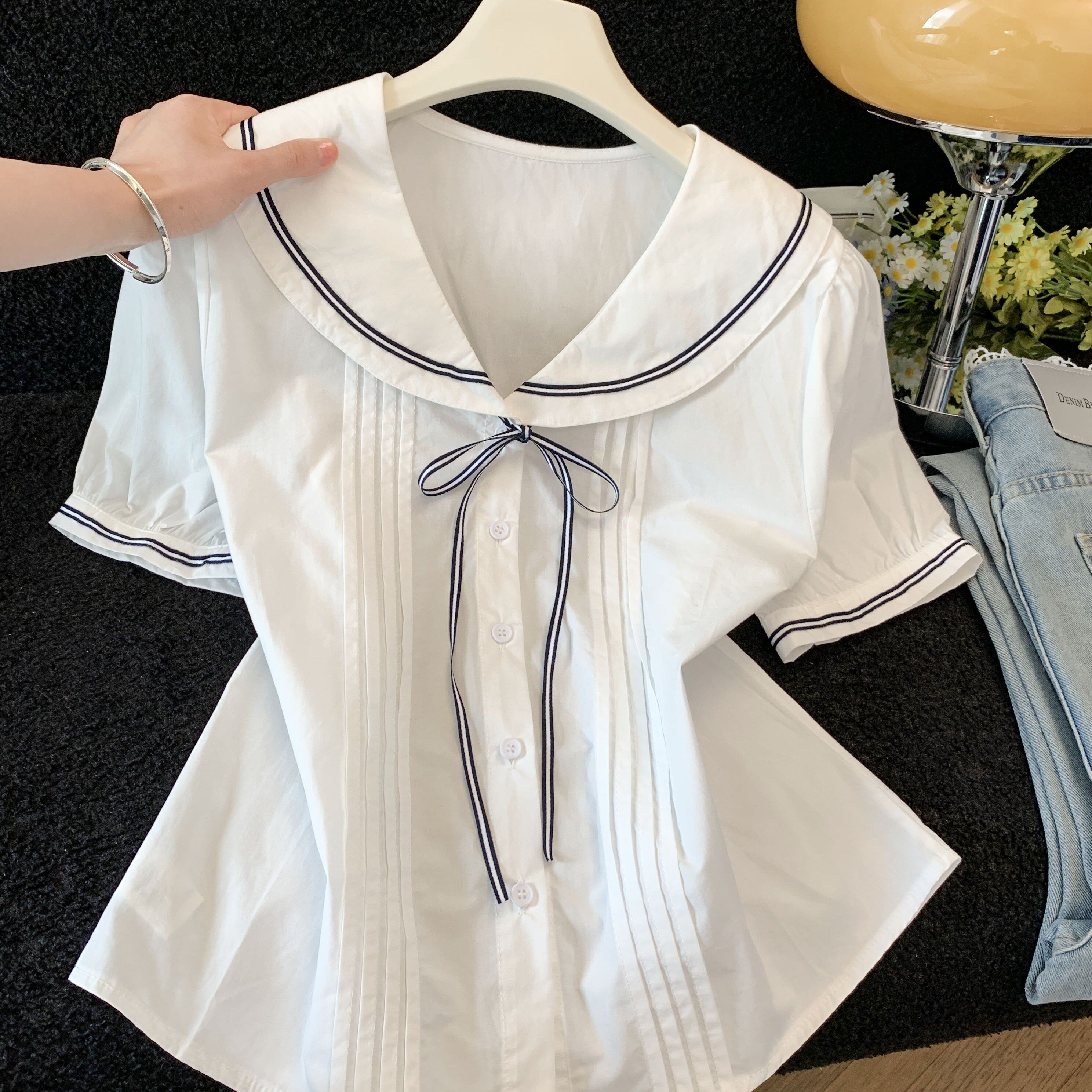 玖月学院风海军领蝴蝶结系带衬衫女夏季2026甜美减龄长袖上衣