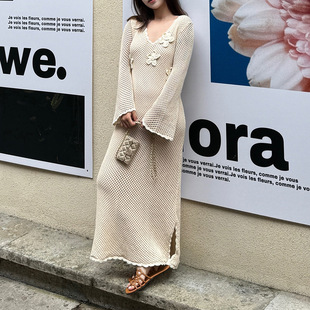 【花信风来】法式镂空U领花边针织钩针花朵长袖连衣裙小个子短裙