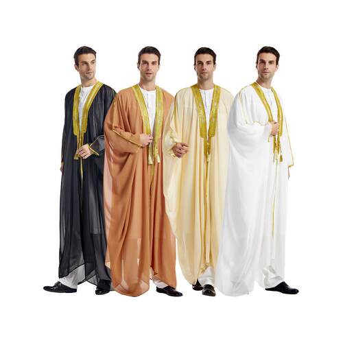 阿拉伯男绣花长袖吊须金珠雪纺外披装Muslim Arab Men Caftan 834