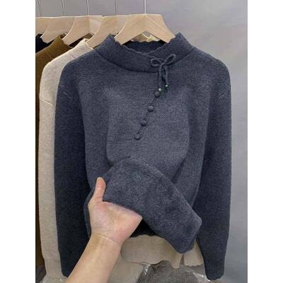 一件式半高领4丝绒针织衫，女式羊毛衬里加厚底衬202秋冬衫t新款