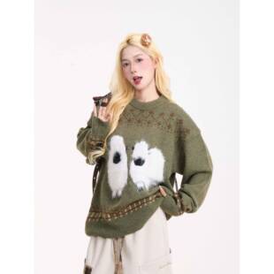 NERESU保M费OLQ尔岛针毛懒绒小羊毛衣女美式覆古慵风秋冬宽松暖织