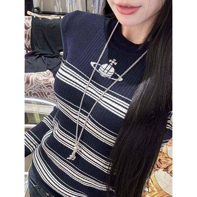 西太土星刺绣毛衣女款2後OGL052新秋季长袖条款纹镂空针织衫上衣