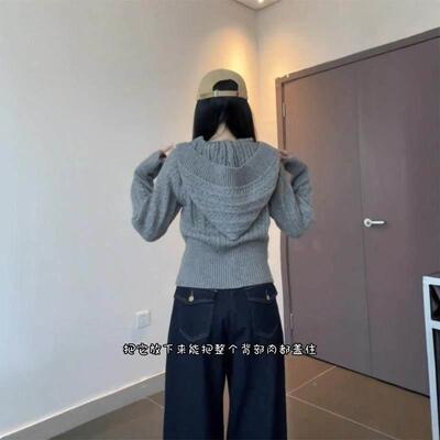 灰麻花拉链连帽织色开毛衫女秋冬小个子短款衣外套内搭打27750-1