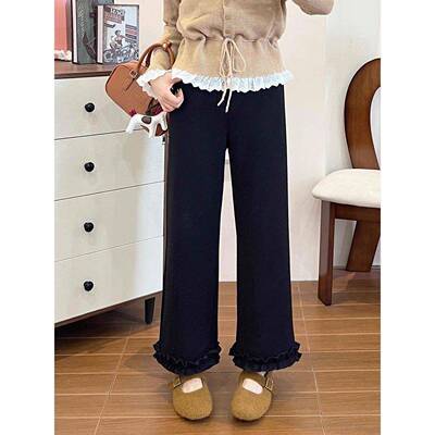 季梧加黑色木耳边休闲裤女胖mm小JSD个子阔腿裤高腰宽绒松冬显瘦