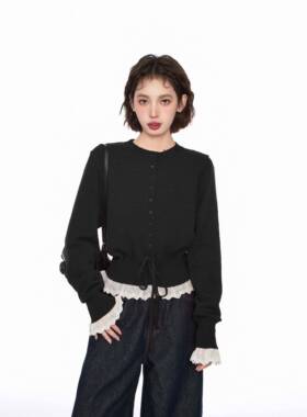 黑假两件蕾丝色秋针织毛衣女早季内搭收dsfa1腰小个子短开款衫外