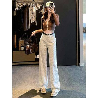 白色牛仔裤女GUB窄版直筒长宽裤子秋季地编织感休阔腿裤高腰松拖