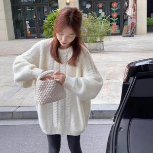 黄色中款麻花圆衫领衣女秋冬27592慵懒长风宽松软糯针织下装消毛