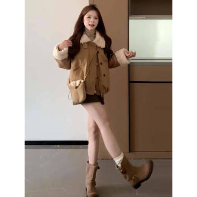 皮毛个QDX一翻领羊羔毛外套女秋体冬202新款韩系5巨好看小子短款