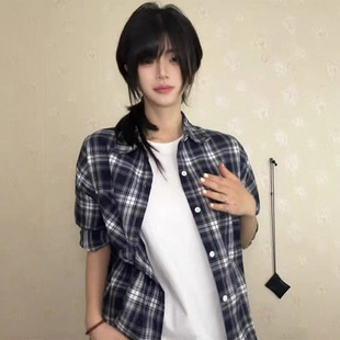 外套chic 女长袖 春秋衬衣港味2025设计感小众美式 复古格子衬衫