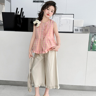 女童套装夏季2025新款中大童洋气时髦夏装女孩短袖格子衬衫