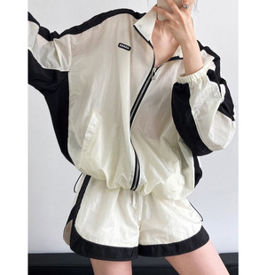 女运动服春秋夏拼色防晒衣外套阔腿短裤 欧货休闲薄款 服套装