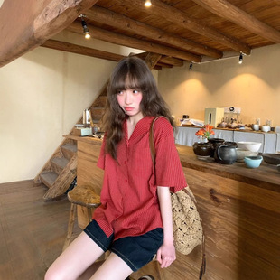 宽松休闲西装 小众设计感条纹短袖 洋气小衫 女夏2025新款 领 衬衫