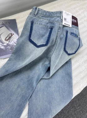 浅蓝色撞色口袋牛仔裤女2025年春秋新款高腰显瘦宽松直筒阔腿长裤
