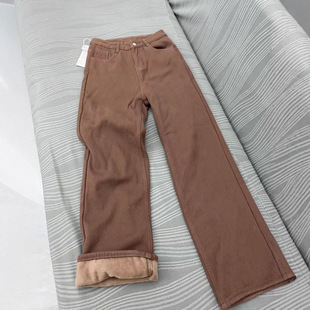 子 女秋冬高腰显瘦宽松垂感直筒拖地阔腿裤 美式 咖啡棕色加绒牛仔裤