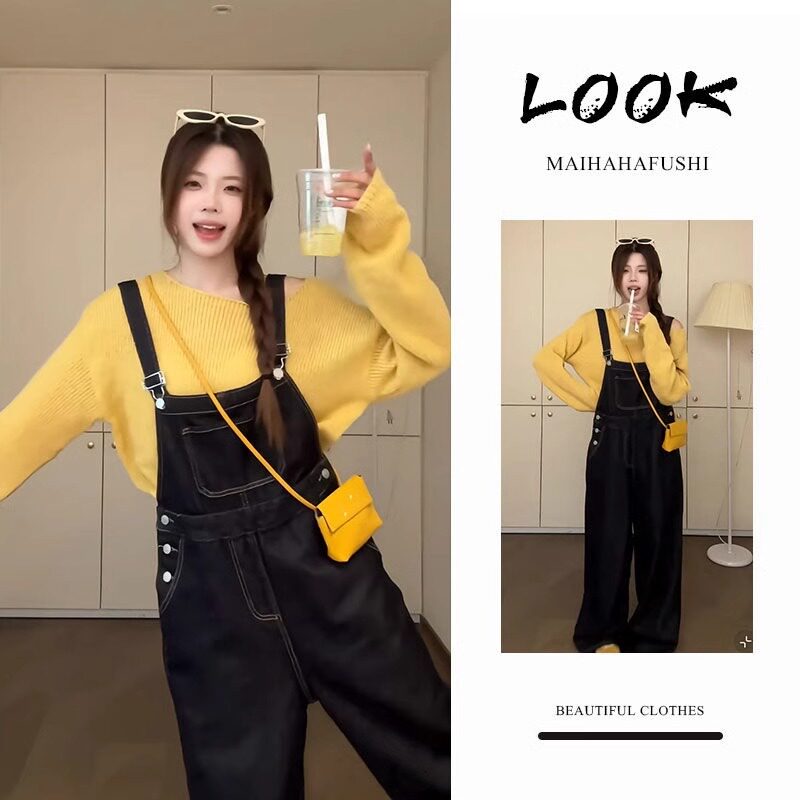 春季休闲小众穿搭女韩版洋气纯色百搭针织毛衣牛仔背带裤两件
