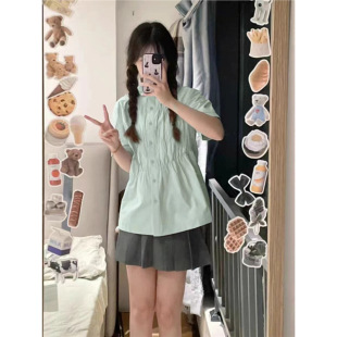 宽松学院风衬衣小个子泡泡袖 薄荷绿色短袖 2024新款 女夏季 衬衫