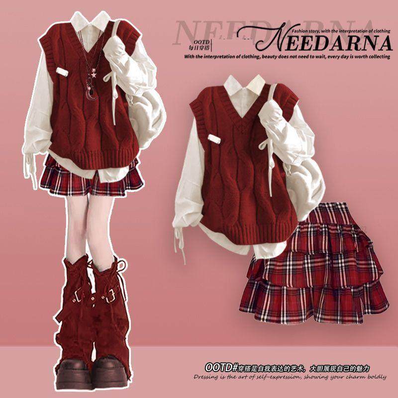 圣诞节穿搭学院风红色连衣裙巨好看的冬装一整套小个子jk短裙套装