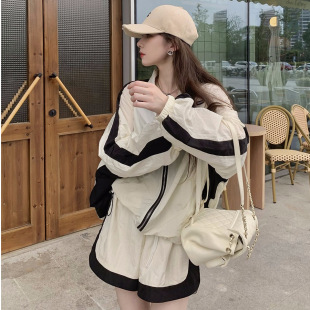 拼色防晒衣外套阔腿短裤 炸街薄款 时尚 女休闲运动服夏季 套装