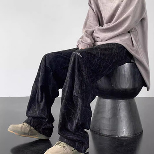 黑色扎染休闲裤男春秋季美式复古灯芯绒裤子宽松bf慵懒风直筒