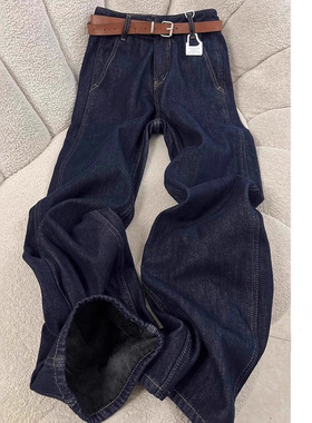 深蓝色加绒加厚宽松直筒牛仔裤女秋冬新款美式复古高腰窄版阔腿裤