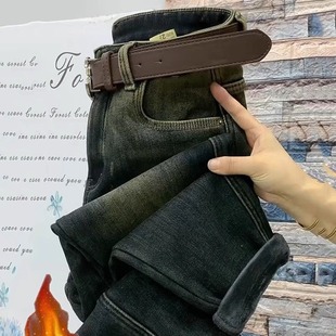 高腰显瘦九分哈伦裤 新款 女2024年冬季 小众复古加绒加厚牛仔老爹裤