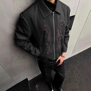 中国宫廷风刺绣雕花西部夹克男黑色短款垫肩高级感巴洛克开春