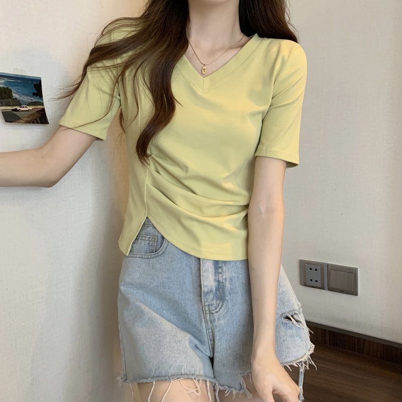纯棉不规则v领上衣女夏季洋气显瘦小心机设计感褶皱正肩短袖T恤