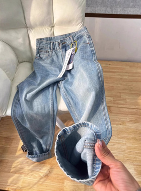 浅蓝色宽松直筒牛仔裤女春季新款复古水洗高腰显瘦垂感拖地阔腿裤