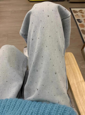 浅蓝色阔腿牛仔裤女2025秋冬新小个子显瘦烫钻设计感宽松拖地裤子