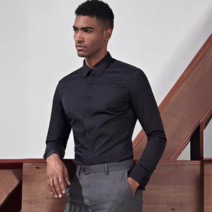 男纯色长袖 上衣修身 跨境男装 衬衣男式 免烫 时尚 亚马逊弹力衬衫