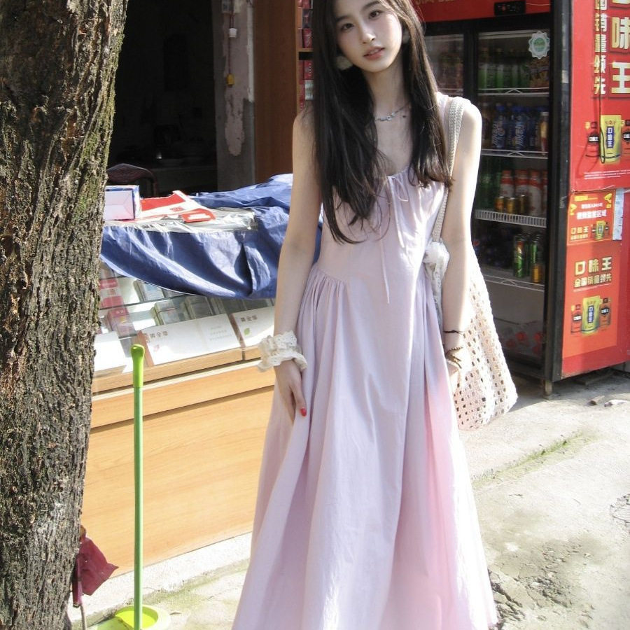 夏季2025新款仙女温柔风紫色褶皱吊带连衣裙女修身收腰A字裙长裙