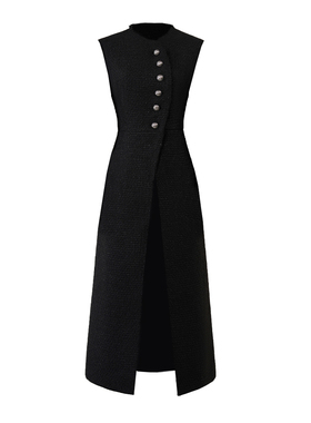 7976轻奢风黑色无袖连衣裙女中长款排扣收腰显瘦通勤裙