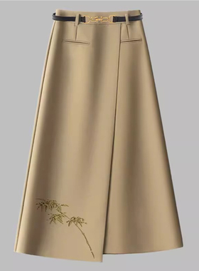 7437高端刺绣半身裙女春夏2025新款高腰A字裙中长款不规则开叉裙