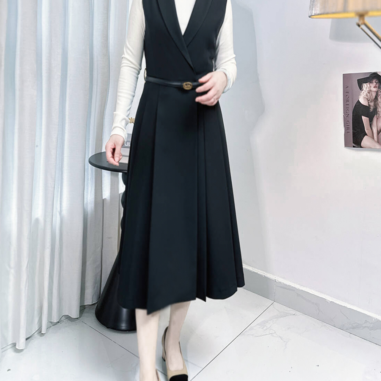 7534西装领西装马甲裙女士春秋中长款修身暗扣无袖高级时尚外套