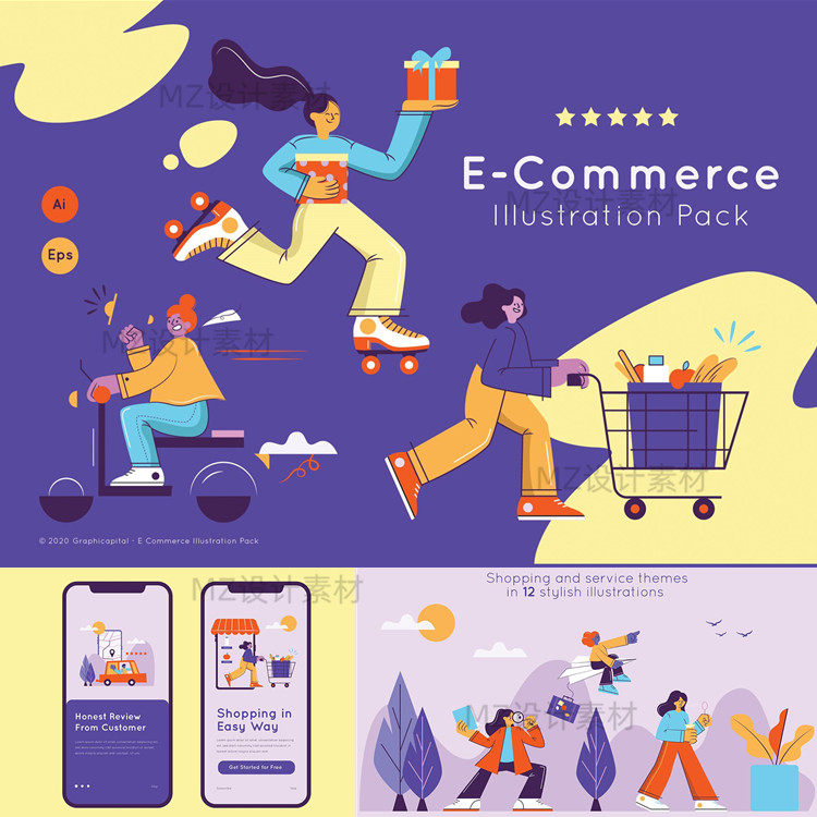 手绘卡通抽象购物web电商网购人物ui网页插画插图ai矢量图片素材