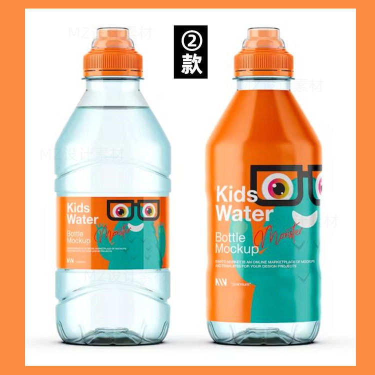 透明塑料儿童水瓶杯子贴纸包装psd样机vi智能贴图效果设计素材
