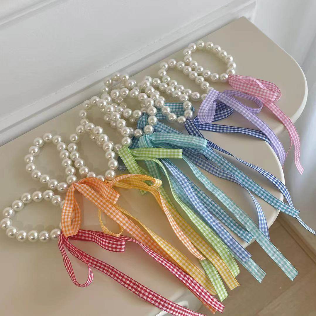 初恋风小清新格子蝴蝶结飘带头绳珍珠发圈森系糖果色绑发丝带发绳