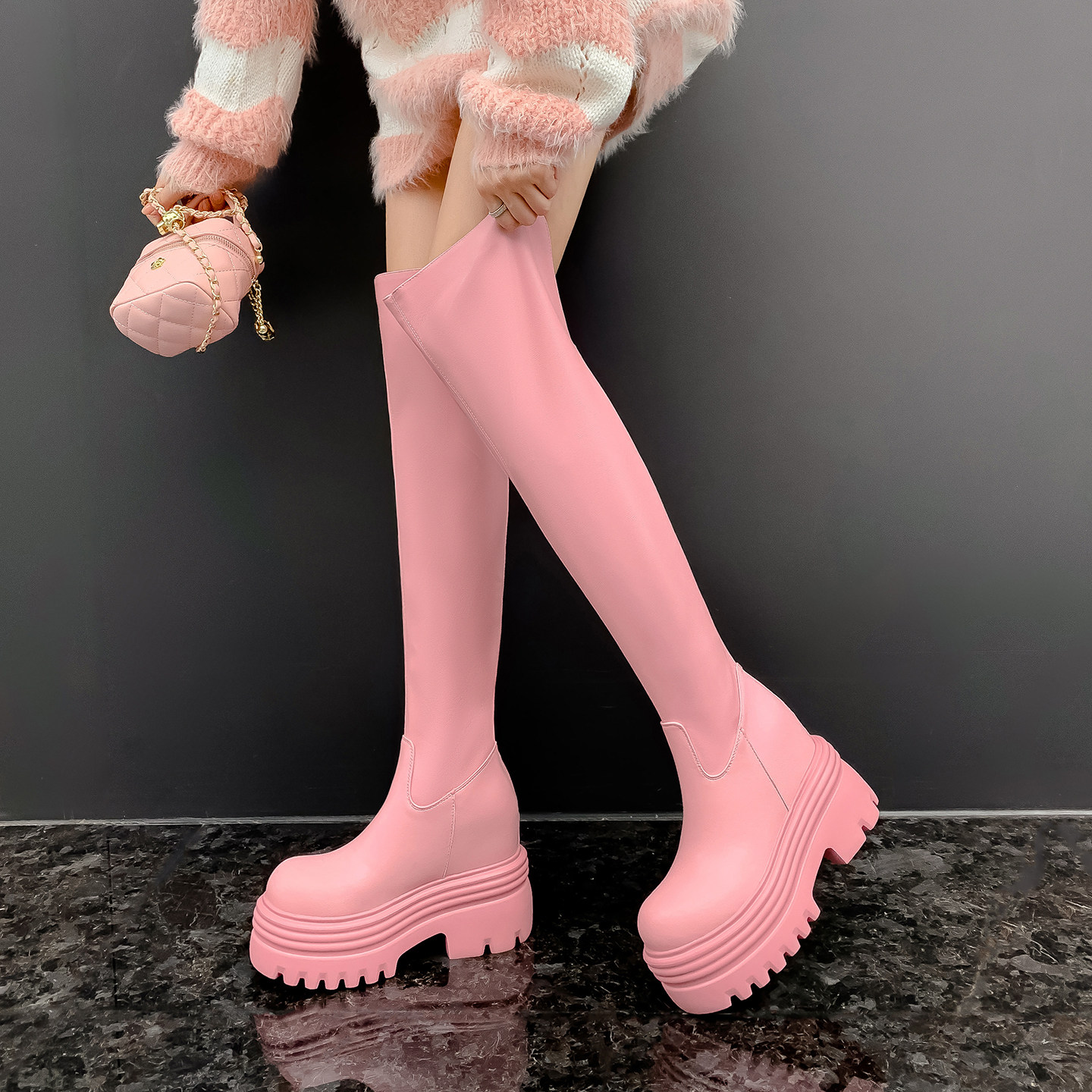 小个子12cm白色过膝长靴百搭时尚高跟秋冬长筒过膝网红厚底瘦瘦靴,女鞋,时装靴,淘宝优惠券,粉丝福利购,淘宝优惠卷