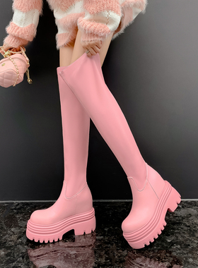 小个子12cm白色过膝长靴百搭时尚高跟秋冬长筒过膝网红厚底瘦瘦靴