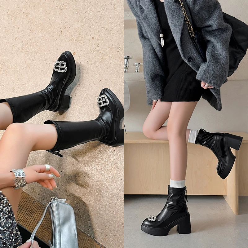 小个子10cm厚底弹力瘦瘦靴不过膝粗跟新款秋冬绒里水钻弹力短靴
