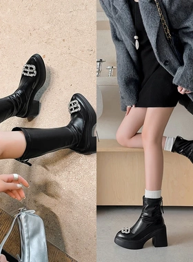 小个子10cm厚底弹力瘦瘦靴不过膝粗跟新款秋冬绒里水钻弹力短靴